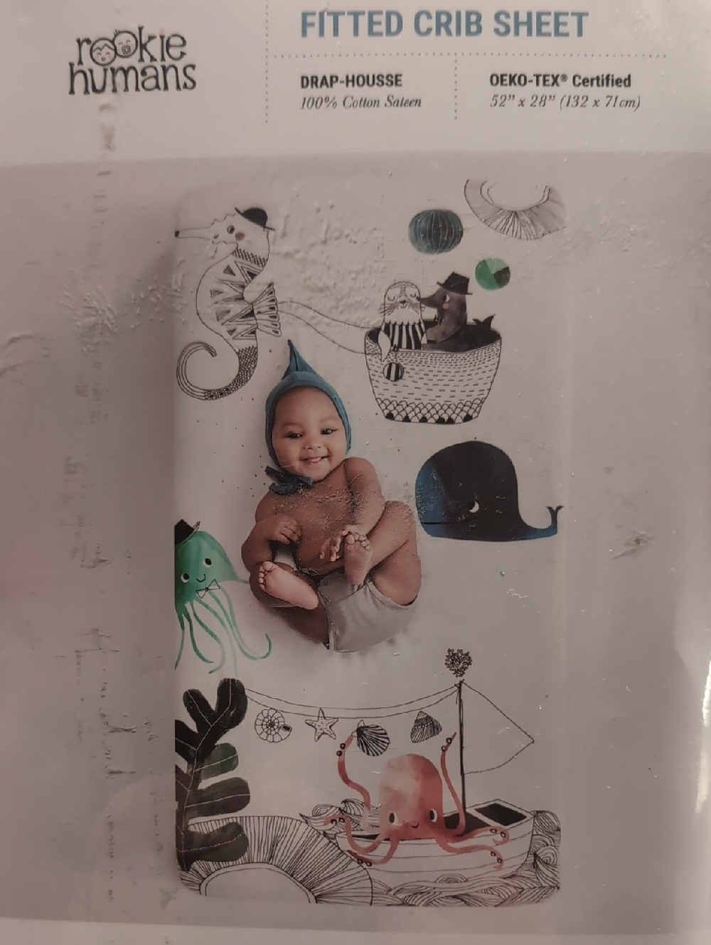 White & Blue Fitted Crib Sheet - Ocean Animals